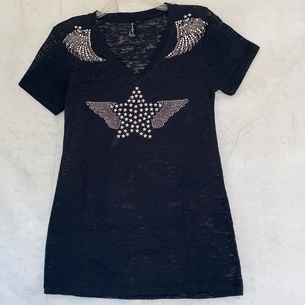 Stars & Wings Rhinestone Bling Black Burnout V-Neck Short Sleeve Tee XL
